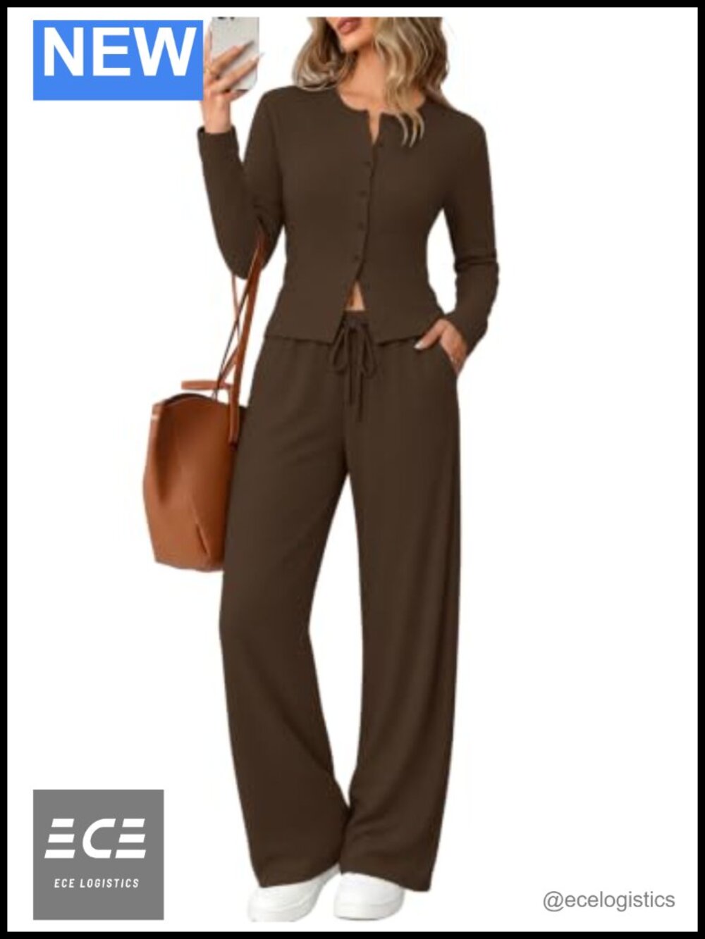 Two Piece Lounge Set Button Front Top Wide Leg Pants Travel Outfit